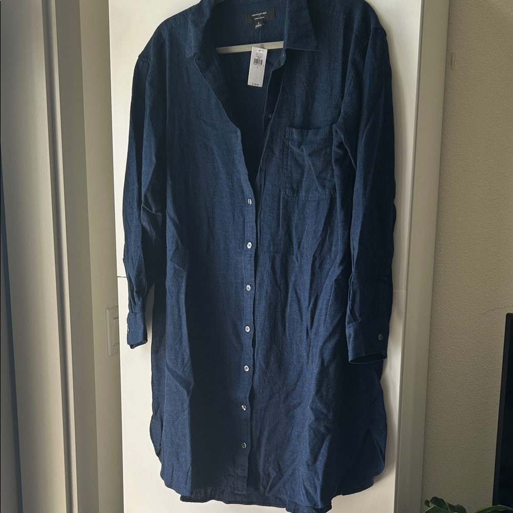 Navy Button-Front Linen-Blend Shirt Dress